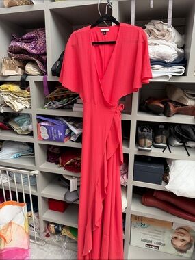 H by Halston Coral Wrap Maxi Dress with Ruffle Trim